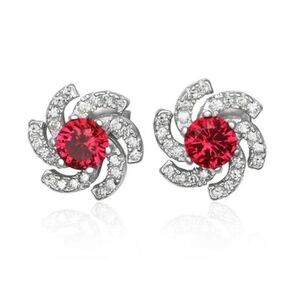 1.5 Ct. Ruby & White Topaz Gemstone Pinwheel Stud Earrings~.925 Sterling Silver
